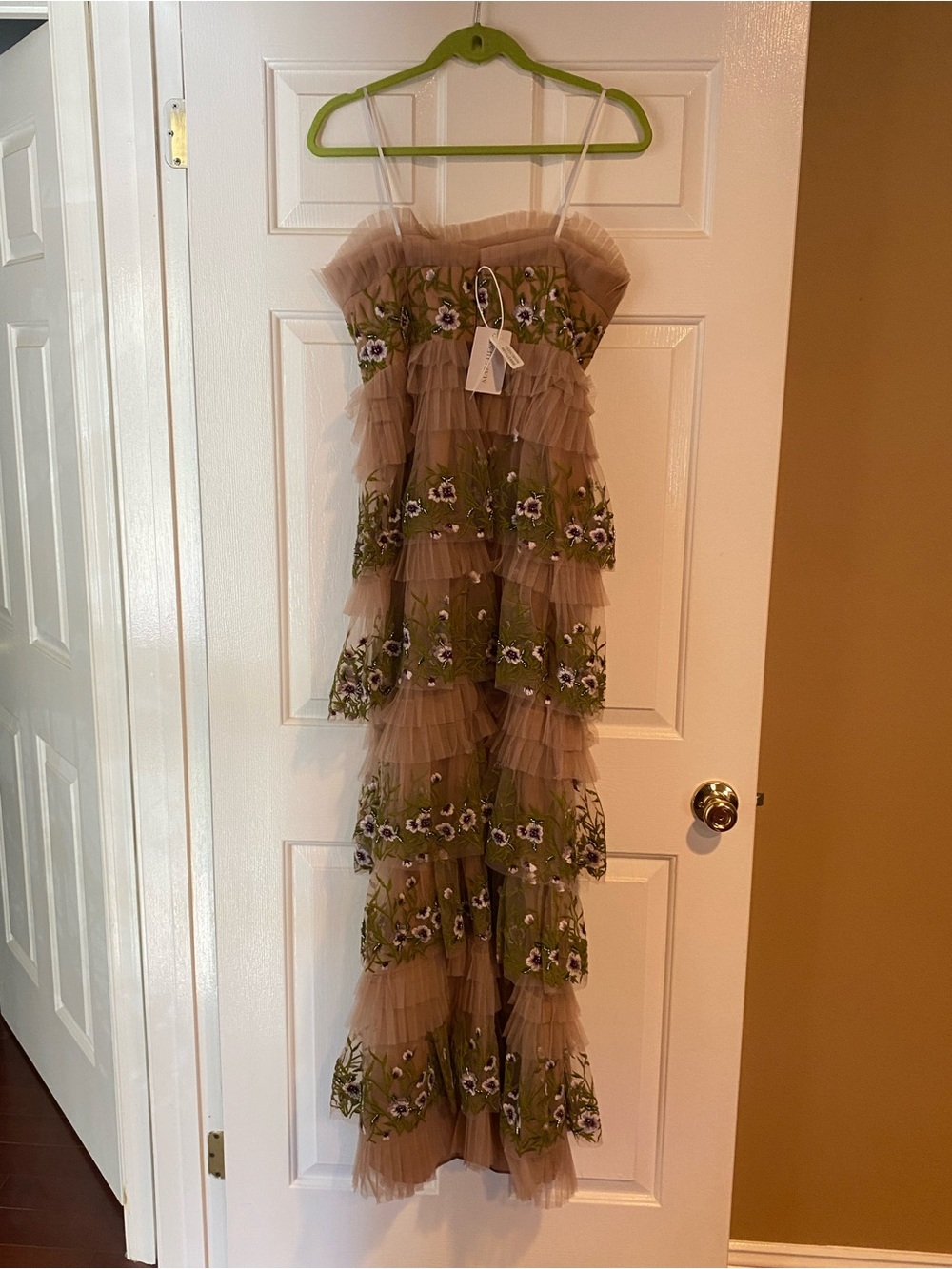 Tiered Nude Tulle Gown with Floral Embroidery - Picture 5 of 8